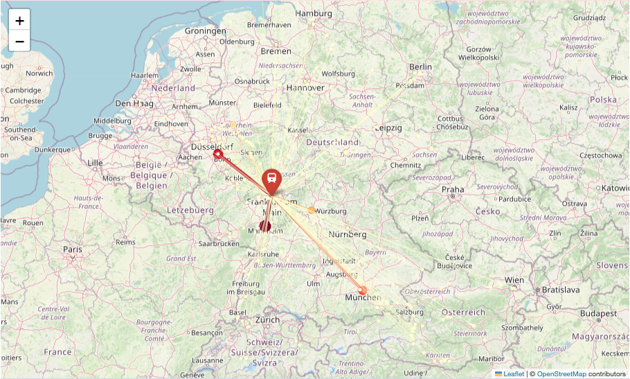 Folium map showing Frankfurt Hbf's connections radiating to destinations across Germany, Austria, Switzerland, and the Netherlands