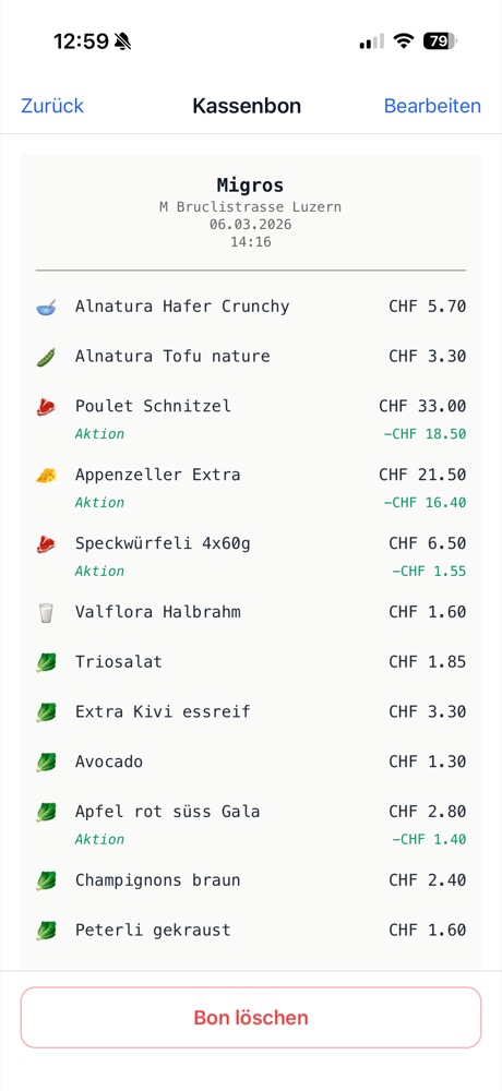 Structured receipt with items, prices, and discounts