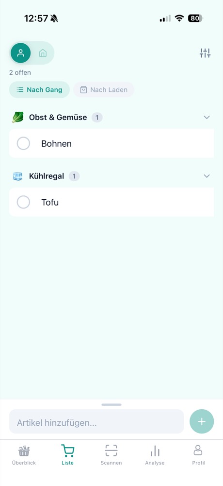 Shopping list organized by store aisle