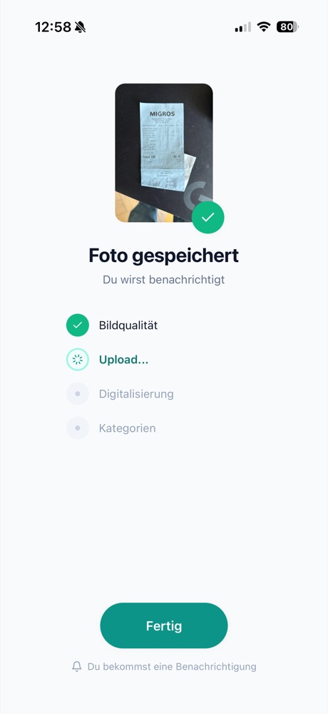 Receipt processing pipeline: image quality check, upload, digitization, categorization